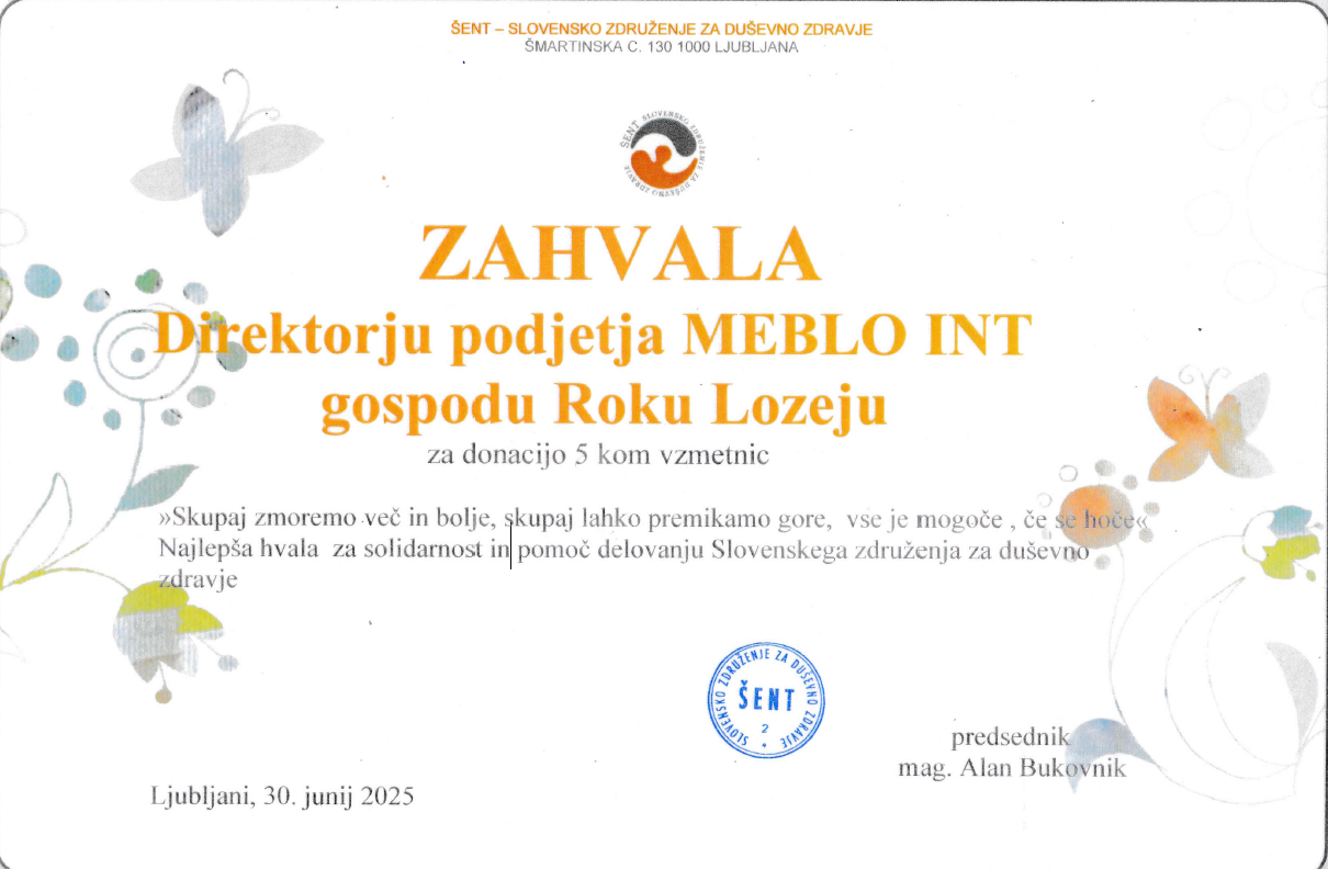 Zahvala podjetju Meblo INT d.o.o.