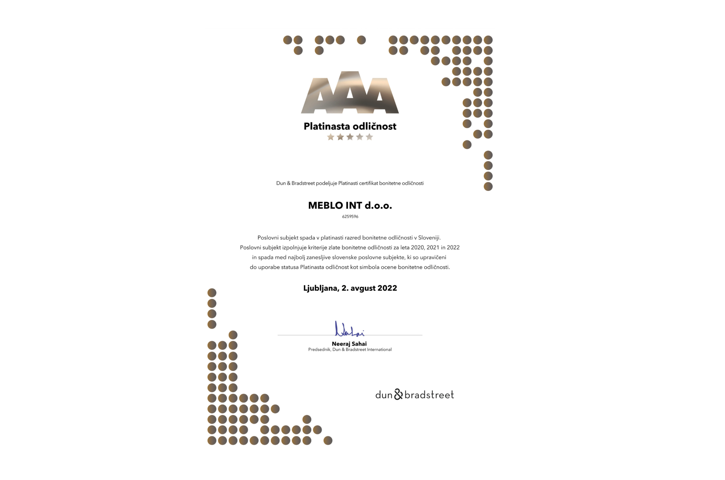 Platinasta odličnost podjetja Meblo INT d.o.o.